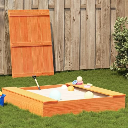 LXYZWRW Outdoor Play Equipment Sandpit with Cover Wax Brown 111x111x19.5 cm Solid Wood Pine Sandboxes