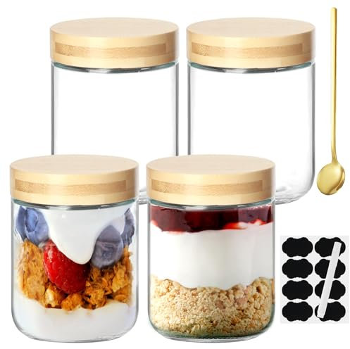 NZZVNZ 480ML Pots D'avoine de Nuit, Lot de 4 Bocaux en Verre Hermétique avec Couvercle Pot Yaourt en Verre, avec Autocollants et Marqueur et Cuillère
