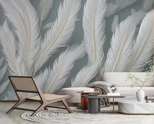 Papier Peint Intissé Plumes Blanches Poster Tableaux Muraux Tapisserie Photo Trompe L'Oeil Salon Chambre Art Mural 400Cm(L) X280Cm(H)