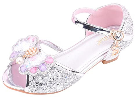 OBiQuzz Scarpe per bambini con sandali lucidi scarpe da principessa arco tacchi alti mostrano scarpe da principessa scarpe a piedi nudi bambino, argento, 33 EU 3X-Stretta