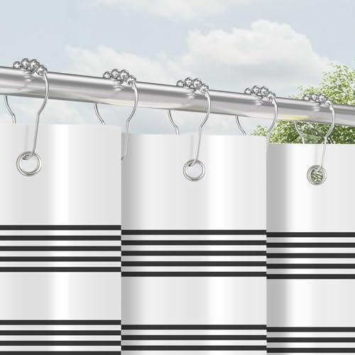 Duschvorhang mit Metall Duschvorhangringe 180x200 cm Schwarz Streifen, Beschwerter Saum Antischimmel Textil, Wasserabweisend, Waschbar Polyester Badevorhänge Set mit Ösen für Badezimmer, Badewanne