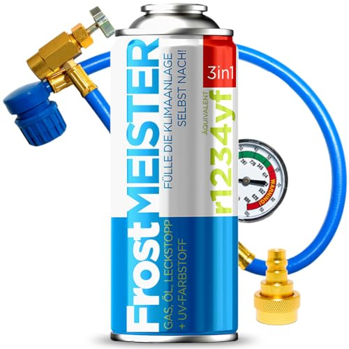 FrostMEISTER 3 en 1 – Kit de recarga de aire acondicionado para coche (1 lata de 400 ml + manguera con manómetro y adaptador) – Repuesto para refrigerante, aceite de compresor y sellador para R1234yf