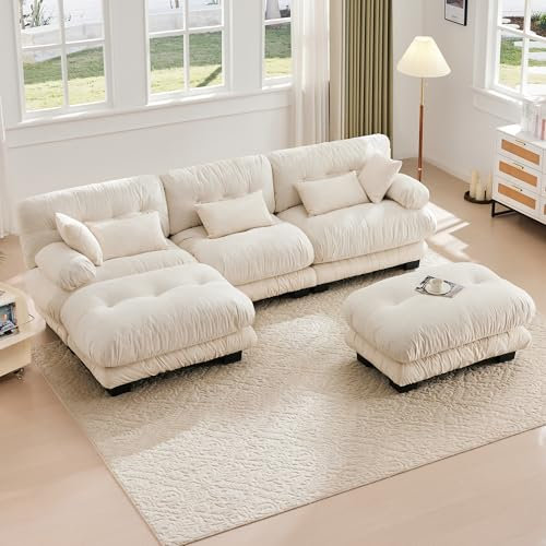 GigaXynium Modulär soffa, bekväm hörnsoffa, extra stor sits, sammetstyg och ergonomisk design, stor 5-sitsig molnsoffa (beige)