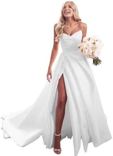 TANPAUL Satin Brautkleider Standesamt Trägerlose Hochzeitskleider - Damen Lang A-Linie Brautkleider mit Schlitz