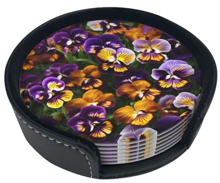 Pansy Perfection Print 6 Pcs PU Coasters Set for Drinks,Home Decor Housewarming and White Elephant Gifts Ideas