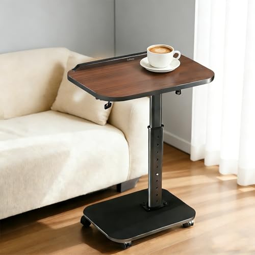 C Shaped Side Table, Sofa TV Tray Tables Adjustable Height & 180° Flip-Over Panel Design, End Table with Phone/Tablet Slot & 4 Castor Wheels, Couch Tables for Small Spaces/Living Room/Bedroom/Sofa/Bed