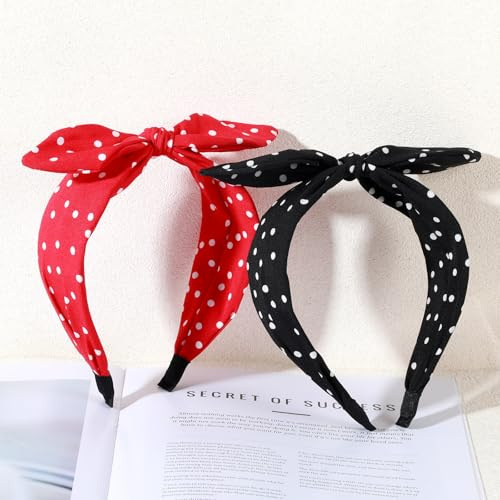 2 st röda prickiga pannband för kvinnor, söt rosett pannband kaninöron vintage bred bandana retro 50-tal hårband accessoarer kostymer för kvinnor flickor (en storlek)