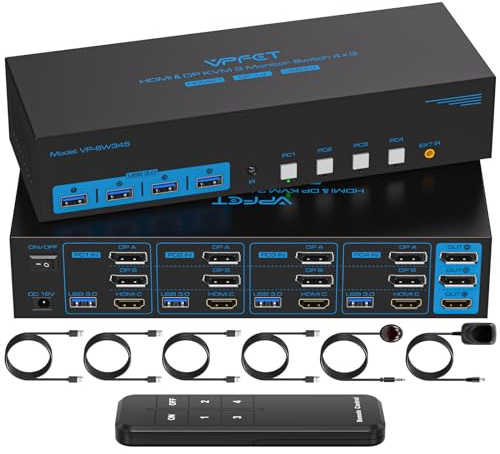 CMSTEDCD 8K60Hz Displayport +HDMI KVM Switch 4 PC 3 Monitore USB 3.0 DP1.4 +HDMI2.1 KVM-Umschalter für Vier Computer Teilen Triple Monitor und Mehrere USB-Geräte mit Remote Control und 4xUSB Cable