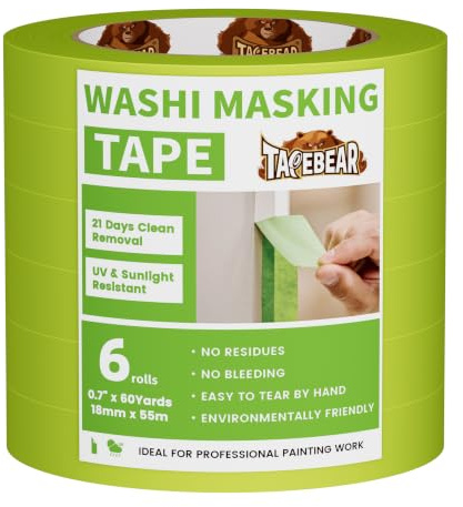 TAPEBEAR Ruban de Masquage Vert 18mm x 55m x 6 Rouleaux, Faible adhésion | pour Peinture Intérieure/Extérieure, Retrait Propre 21 Jours, pour Lignes Nettes Mur et Étiquetage