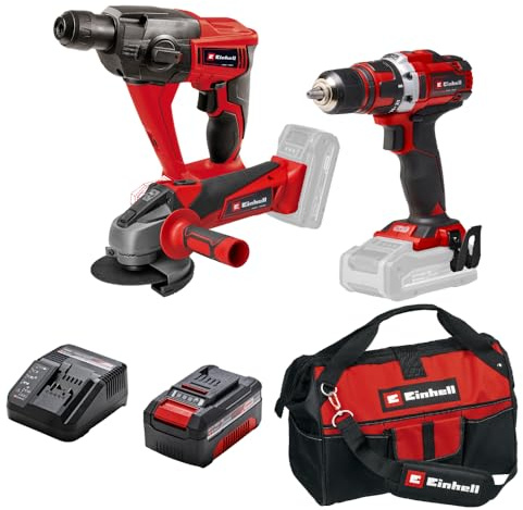 Einhell Pack 3 machines sans fil - Power X-Change (Meuleuse d'angle TC-AG 18/115, Marteau perforateur TE-HD 18, Perceuse-visseuse TE-CD 18/40) + Chargeur et Batterie 4,0Ah + 1 sac de rangement