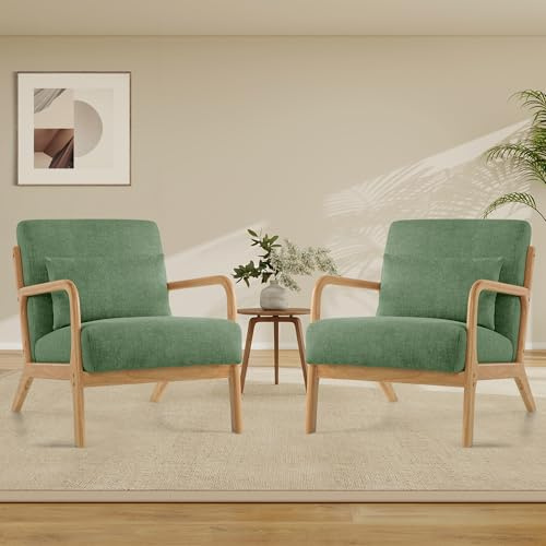 Aunekiv Lounge-Sessel, 2er-Set Akzentstuhl mit Kissen, Polstersessel mit Holzrahmen & Armlehnen, Moderner Lesesessel für Wohnzimmer, Schlafzimmer, Leseecke & Büro (81.5 x 63.5 x 74.5 cm, Grün)