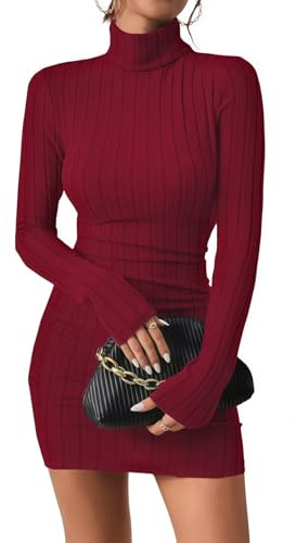 Womens Jumper Dress Turtle Neck Long Sleeve Knit Sweater Bodycon Midi Dress | Solid Ribbed Ruched Casual Pullover Knitwear for Autumn Winter, Knee-Length Slimming Dresses for Party Club Leisure
