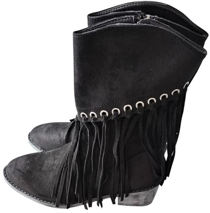 Generiska ankelstövlar dam med blockklack, damstövlar med fransar eleganta damstövlar kort skaft, västerländska stövlar klassiska övergångsstövlar vinter halkfria cowboystövlar vintage cowboystövlar