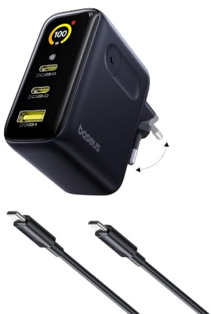 Baseus 100W PicoGo Chargeur USB C avec Écran Intelligent, Commande Tactile, Charge Rapide 3-en-1, Adaptateur Secteur GaN Avancé, pour MacBook, iPhone 17/16/15/14, Pixel Plus