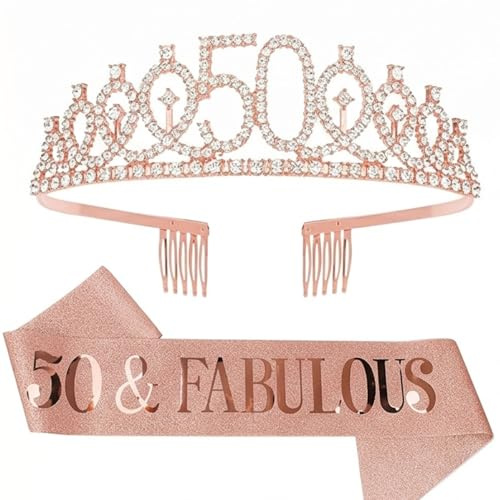 Set Diadème et Écharpe 50 Ans Femme, « 50 & Fabulous » Couronne Argentée Strass Accessoires Anniversaire 50 Ans Décoration Cadeau