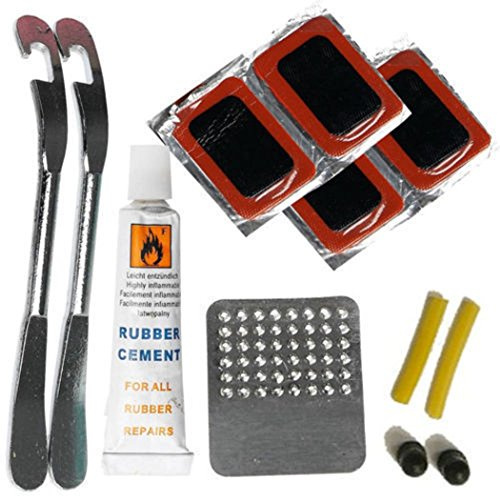 Lizzy Deluxe Bicycle Tyre Repair Tool Kit Glueless Puncture Repair Kit with Rubber Patches Tyre Levers Rubber Cement Valve Cores Cycle Bike Repair Kit for Road Mountain BMX Bikes
