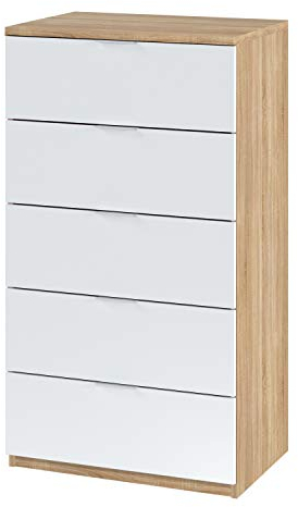 Habitdesign Modèle Alaya Commode / chiffonnier 5 tiroirs 110 x 60 x 40 cm Couleur chêne canadien et Blanc « Artik »