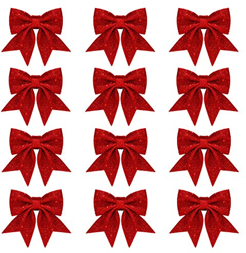 Whaline 12 x Weihnachtsschleifen, Dekorationen, für Kränze, kleine Weihnachtsbaumschleife, Pailletten-Fliege, Weihnachtsdekorationsschleifen für Zuhause, Weihnachtsfeier, 14 cm