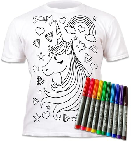 Splat Planet t-shirt med enhörning för färgning med 10 giftfria tvättbara magiska pennor – t-shirt för infärgning och urtvättning., Vitt, 5-6 År