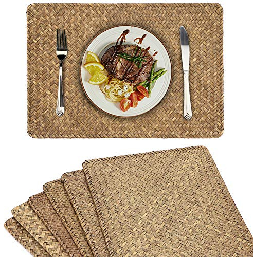 BSTKEY Packung mit 6 natürlichen Seegras-Rattan-Tischsets, gewebte Tischmatte, Tischset, Kaffeepad für Esstisch und Küche, rechteckig, 17 x 11,8 (Kaffee)