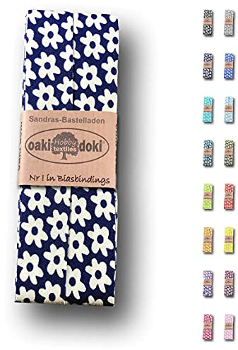 Sandras-Bastelladen Schrägband/Einfassband Baumwolle gefalzt 3m x 20mm - Blumen Muster 3003-Dunkelblau-Weiß