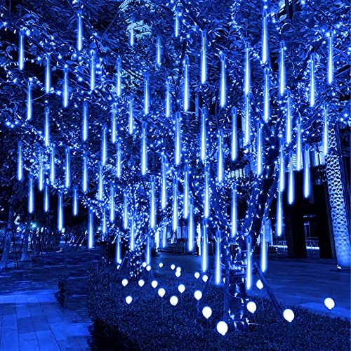 DINOWIN Solar LED Meteorschauer Regen Lichter 30cm 8 Röhren 288 LEDs Wasserdichte Fallregen Eiszapfen Regentropfen Lichterkette Weihnachten Dekor für Traufe Terrasse Baum (Blau)