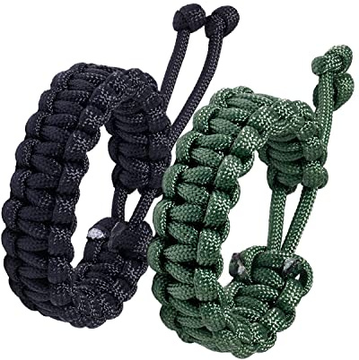 Jewever Paracord Survival Bracelets Braided Paracord Handmade Rope for Couples Men Women Adjustable Size(Set of 2) (black & army green)