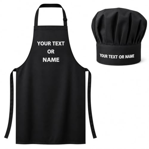 Pet-Jos Personalisiertes Set Kochmütze und Schürze Benutzerdefinierter Name oder Textstickerei Grillschürze und Kochmütze Professionelle Köche Hüte Bäcker für Zuhause Küche Schule