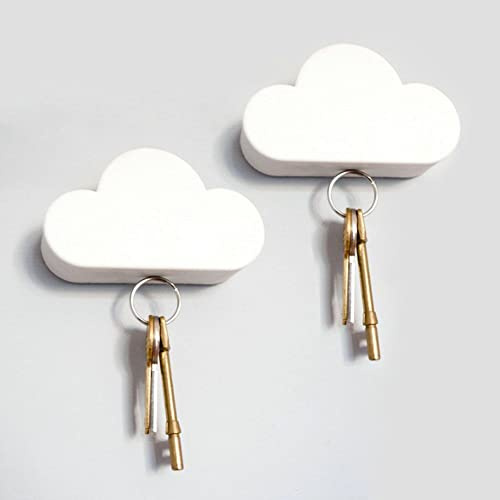 Hikinlichi 2 Pack Adhesive Key Hanger Organizer Magnetic Key Holders White Cloud Key Ring Keychains Hooks Racks 4 Strong Magnets Decorative Wall Mount Holder Fridge Magnets Wall Door Entryway Kitchen