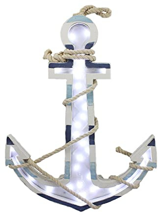 ELLUG Maritimer leuchtender Anker aus Holz mit LED und maritimen Designs zum Hängen, 40 * 30cm, Hängedekor für Badezimmer Küche Wohnzimmer in blau und weiß, Leuchtdekoration, Hängedekoration