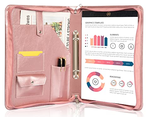 Calfinder Ringbuchmappe A4, 2 Ringbuch Konferenzmappe mit a4 Klemmbrett, PU Klemmbrettmappe mit Reißverschluss, Rosegold，Geschenk für Damen