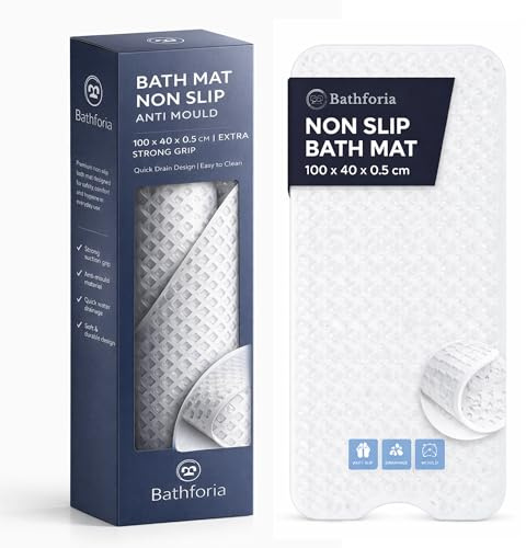 Bathforia Non Slip Bath Mat - Extra Long Non-Slip Anti Mould Shower Mat - Machine Washable Anti Slip Bathroom Floor Mats with Strong Rubber Suction Cup Grip - White 100 x 40 x 0.5 cm