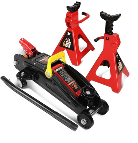 Auto Dynasty 2 Ton Floor Jack with Jack Stands, Heavy Duty Steel Hydraulic Racing Floor Jack with Single Piston Quick Lift Pump, Hydraulic Trolley Service Car Jack, Red/Black