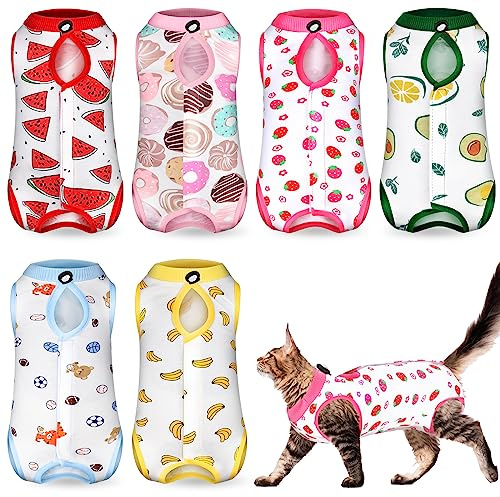 Kacctyen 6 Set Cat Recovery Suit After Surgery Female and Male Cat Kitten Surgery Suit E Collar Alternative Pajama Kitty Clothes for Spay Abdominal Skin Anti Licking(Fruit,Large)
