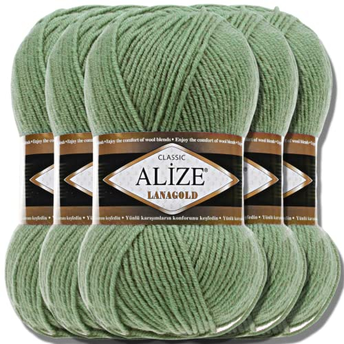 Alize 5 x 100g Lanagold Türkische Premium Wolle Baumwolle und Acryl Handstrickgarne | Yarn | Garn | Strickgarn Accessoire Baby zum Häkeln Stricken Kleidung Schals (Silver Pine | 180)