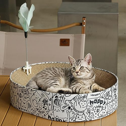 Cat Scratcher Cardboard, 2in1 Oval Cat Scratcher Bed for Indoor Cats Cat, Scratch Pad Bowl with Scratching Toy, Cozy Oval Cat Scratch Bed Furniture for Kittens & Medium Size Cats(White)