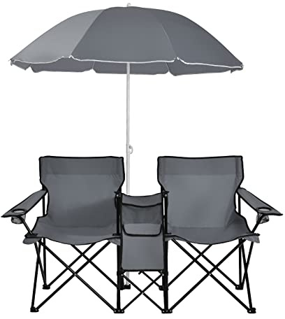 GOPLUS Chaise de Camping Pliante 2 Places avec Parasol, Fauteuil Camping Extérieur AVCE Poche, Porte-gobelets et Sac de Transport, Idéal pour Plage, Pêche, Barbecue, Pique-Nique (Gris)
