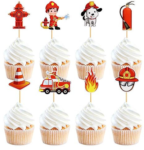 24 Stück Fireman Cupcake Toppers Set Feuerwehr LKW Cupcake Topper Fireman Thema Baby Dusche Boy Mädchen Geburtstagsfeier Dekorationen Einen Feuerwehrhund Cupcake Topper