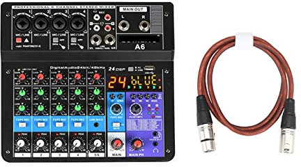 DJ Controller Mixer Set 6 Canales Consola de Mezcla de Sonido Grabación USB móvil Reproducción de computadora 48V Entrada de alimentación Fantasma Mezclador de Audio A6 (Color : A6 1pcs 2M) (A6)