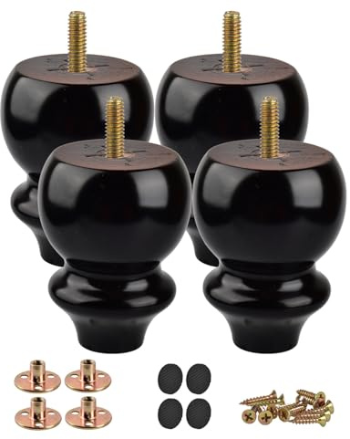 Btowin 5 inch Solid Wood Spool Furniture Legs with M8 Bolts, Black, 4-Pack | Classic Design with Extra Wide Base Supports 400lbs. Hardware Included for Easy DIY Install on Sofas, Cabinets and dressers
