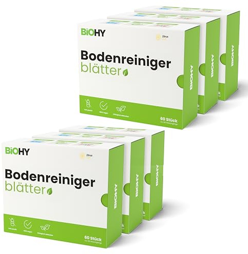 BiOHY Bodenreiniger Blätter (6 x 60 Stück) | Bodenreiniger Konzentrat Alternative | Wasserlöslich & Geeignet für Holz, Laminat, Fliesen, PVC für maschinelle & manuelle Bodenreinigung