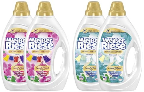 WEISSER RIESE Gel-Set 4x 22 Waschladungen (88WL) Aromatherapie 2x Color Orchidee & 2x Universal Lotus, mit Good Mood-Duft für unwiderstehlich duftende & strahlend saubere Wäsche