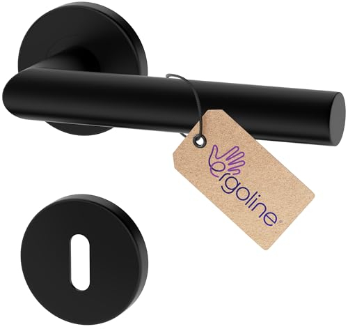 ERGO line LUCA Schwarz Türbeschlag Türgriff für Zimmertüren, L-FORM, Rund-Rosette, Drückergarnitur, Türbeschlag, Türklinke, Türdrücker