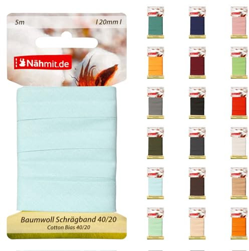 Nähmit 5m Karte Baumwoll Schrägband, 100% Baumwolle 20mm Breit - 40/20 vorgebügeltes Schrägband (A15-Hellblau, 5m Karte)