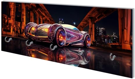 Wallario Wandgarderobe aus Glas in Größe 80 x 30 cm mit Memoboard-Funktion, Motiv: Lichtspiel-Roadster | 5 Kleiderhaken zum Aufhängen von Jacken