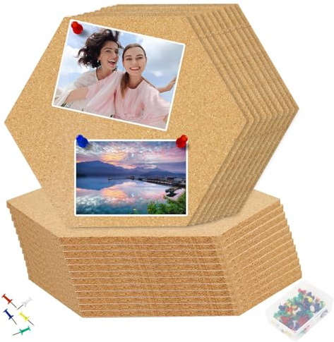 Gucass 24 Tablones de Corcho Hexagonal Autoadhesivo, Pared de Fieltro DIY Con 80 Pines, Pizarra para Colgar Fotos, Tableros de Anuncios, Decoración del Hogar y Oficina