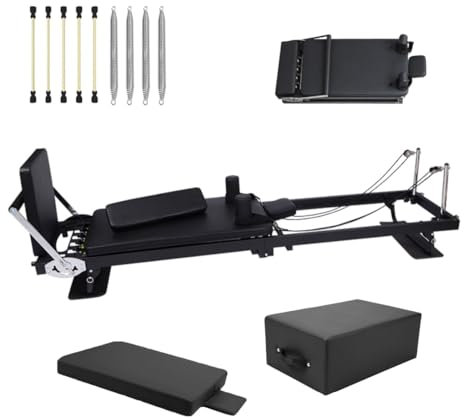 Faltbare Pilates Reformer Maschine, Verlängerte Pilates Ausrüstung für Heimtraining, Reformer Pilates Anzug mit Pilates Sitzbox, Sprungbrett, 4 Legierungsstahlfeder und 5 Latex Elastikschlauch
