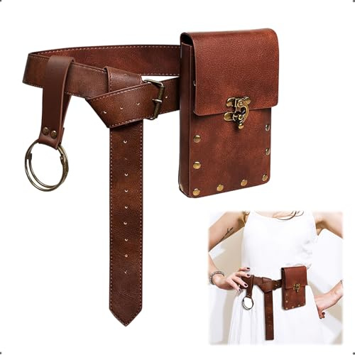 XEERUN Mittelalter GüRtel, Hüfttasche, Steampunk Vintage Gürteltasche, Mittelalterlicher Kunstledergürtel, Leder Wikingertasche, Schlüsselring, Bauchtasche für Renaissance Cosplay Kostüm, Braun