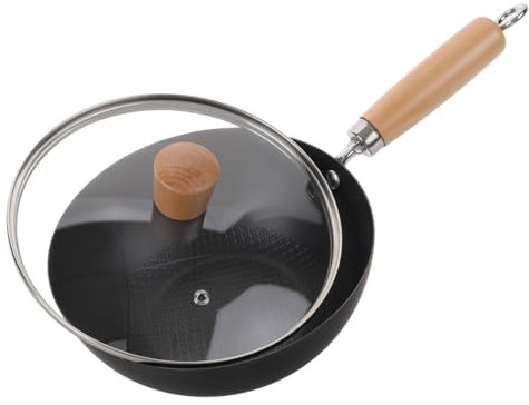 TOPBATHY Japanese Small Wok Pan 20cm Cast Iron Frying Pan Lid Traditional Round Bottom Iron Wok for Home Gas Stove Cooking