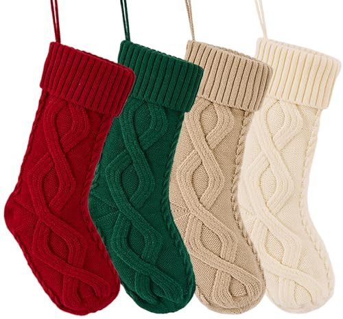 Flycalf Weihnachtsstrümpfe, 4 Stück, gestrickt, Burgunderrot, Grün, Familien-Ornament, Strümpfe, Kamin, Weihnachtsbaum, Geschenk für Familie, Urlaub, Party, Saison, Dekoration